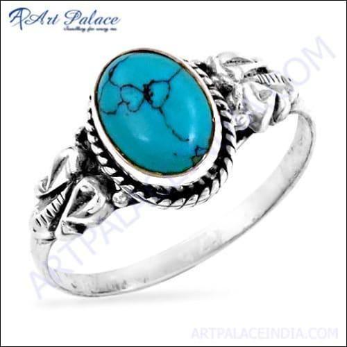Stunning Indian Designer Turquoise Gemstone Silver Ring featuring a vibrant turquoise stone set in a beautifully crafted silver band.