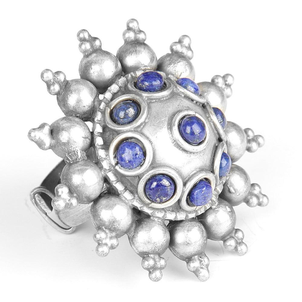 Stunning Lapis Lazuli Gemstone Oxidized Silver Ring showcasing deep blue lapis lazuli set in intricately designed oxidized silver.