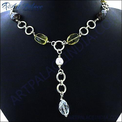 A stunning silver necklace featuring Lemon Quartz and Smokey Quartz gemstone beads, showcasing vibrant colors and exquisite craftsmanship.