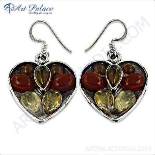 Stunning love heart shape earrings featuring carnelian and citrine gemstones set in silver, showcasing intricate design and craftsmanship.