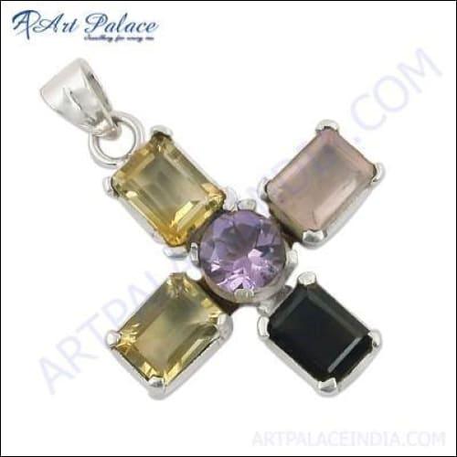 A stunning multi-gemstone pendant featuring vibrant gemstones set in a solid 925 sterling silver frame, showcasing exquisite craftsmanship.
