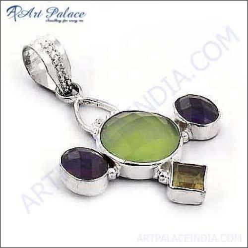 A colorful multi-gemstone pendant crafted from German silver, showcasing vibrant stones in an elegant design.