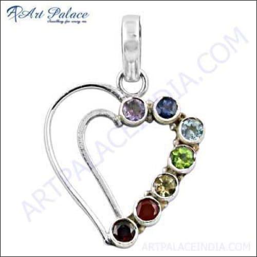 A stunning heart-shaped silver pendant adorned with multi-gemstones, showcasing vibrant colors and intricate design.