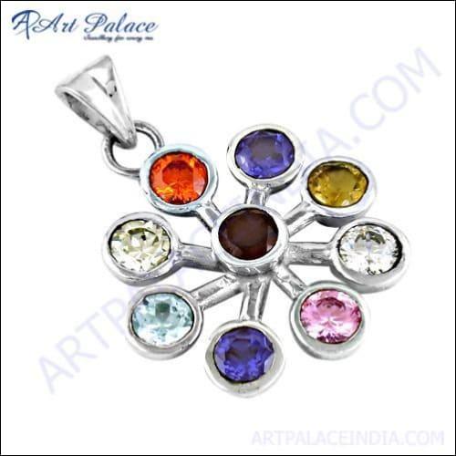 A stunning multi-gemstone silver pendant designed in a flower style, showcasing vibrant gemstones set in high-quality silver.