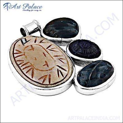 A stunning multi-gemstone silver pendant featuring intricate designs and vibrant gemstones, showcasing exquisite craftsmanship.