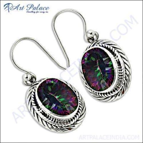 Stunning silver designer earrings featuring Mystic Quartz gemstones, showcasing vibrant colors and intricate craftsmanship.