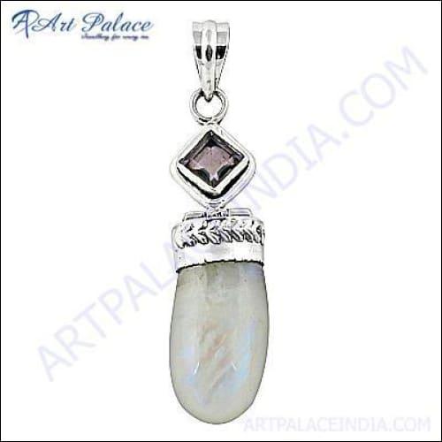 Stunning silver pendant featuring natural amethyst and rainbow moonstone gemstones, showcasing intricate craftsmanship and vibrant colors.