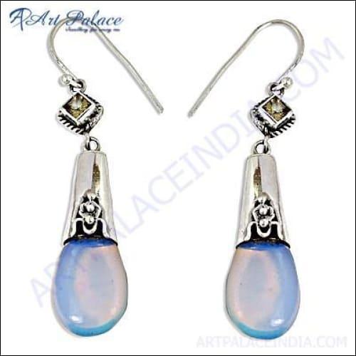 Stunning silver earrings featuring citrine and synthetic opal gemstones, perfect for party wear.