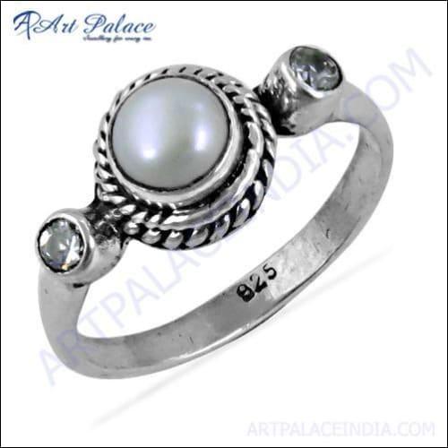 Stunning Pearl and Cubic Zirconia Silver Designer Ring, featuring a central pearl surrounded by sparkling cubic zirconia stones, crafted from 925 sterling silver.
