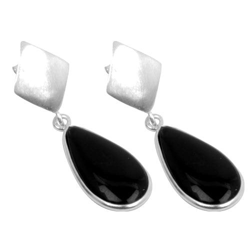 A pair of stunning pear-shaped black onyx cabochon earrings, showcasing their elegant design and smooth finish.