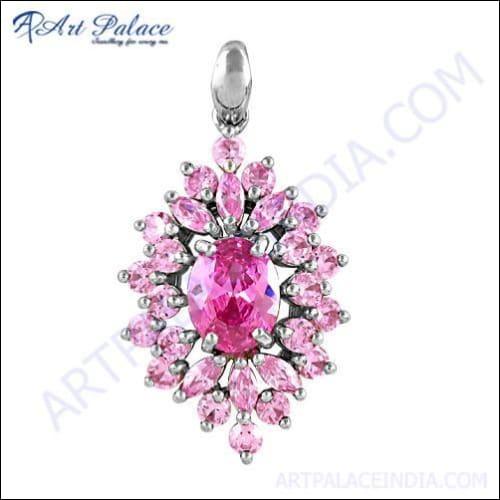 Stunning pink cubic zirconia gemstone silver pendant showcasing elegant design and craftsmanship.