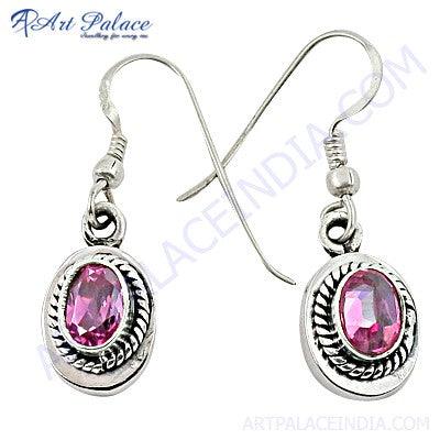 Stunning pink cubic zirconia silver gemstone earrings, showcasing elegant design and sparkling stones.