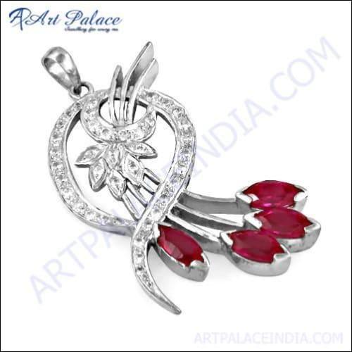 Stunning Pink & White Cubic Zirconia Gemstone Silver Pendant showcasing elegant design and sparkling stones.