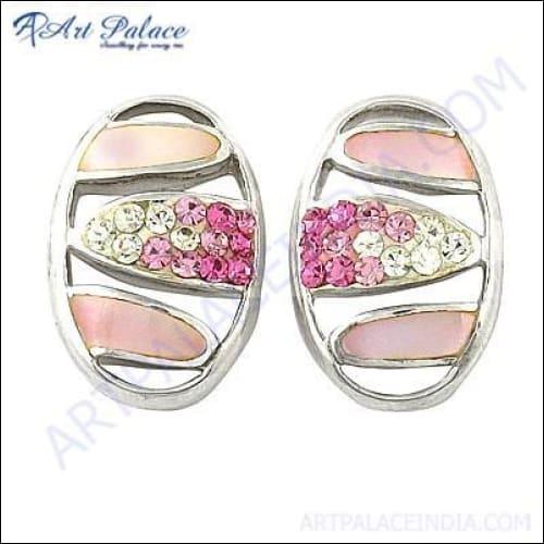 Stunning pink and white cubic zirconia inlay silver earrings, showcasing elegant design and craftsmanship.