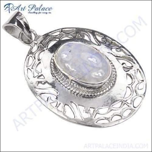 A stunning silver pendant featuring a rainbow moonstone, showcasing its vibrant colors and elegant design, perfect for party wear.
