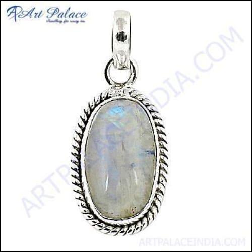 A stunning silver pendant featuring a rainbow moonstone, showcasing its vibrant colors and intricate design.