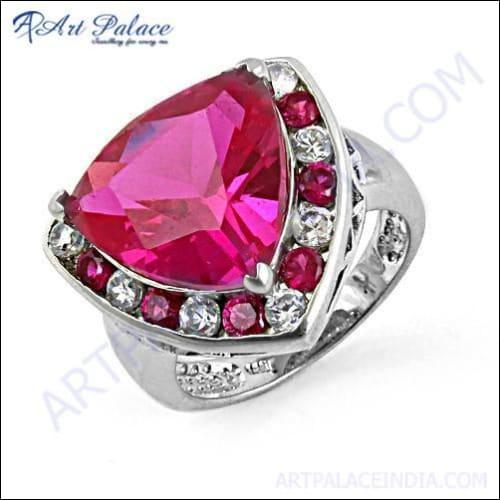 A stunning red cubic zirconia gemstone set in a high-quality silver ring, showcasing its elegant design and fine finishing.