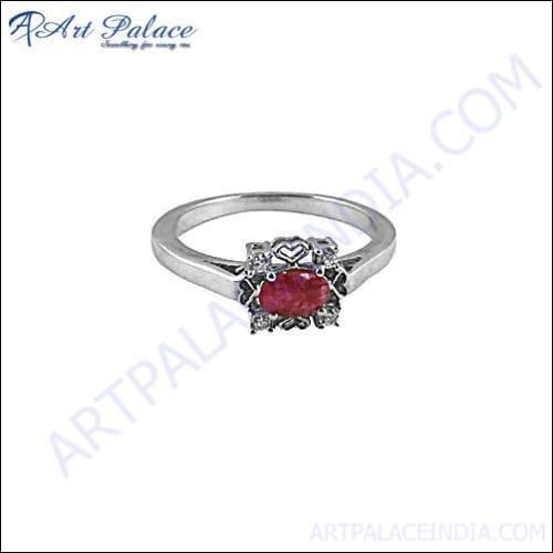 Stunning Romantic CZ Dyed Ruby Silver Ring featuring a vibrant ruby stone set in high-quality silver, showcasing elegant craftsmanship.