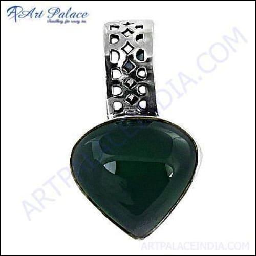 Stunning Royal Green Onyx Gemstone Silver Pendant in pear shape, showcasing its vibrant green color and elegant silver setting.