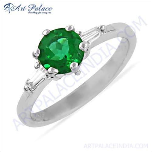 Stunning Royal Green & White Cubic Zirconia Gemstone Silver Ring showcasing intricate design and sparkling stones.