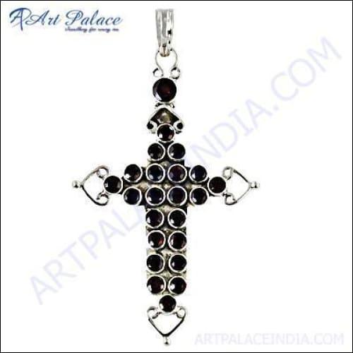 Stunning Silver Garnet Gemstone Christmas Cross Pendant showcasing intricate craftsmanship and vibrant red garnet.