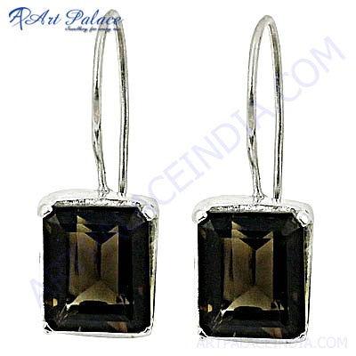 Stunning smokey quartz gemstone silver earrings in a unique square shape, showcasing their elegant design and craftsmanship.