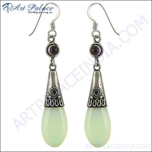 Stunning synthetic opal and amethyst drop silver earrings elegantly displayed, showcasing their vibrant colors and intricate design.