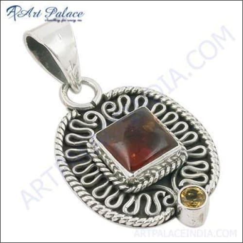 Stunning Traditional Amber Citrine Gemstone Silver Pendant showcasing a vibrant amber citrine stone set in elegant silver.