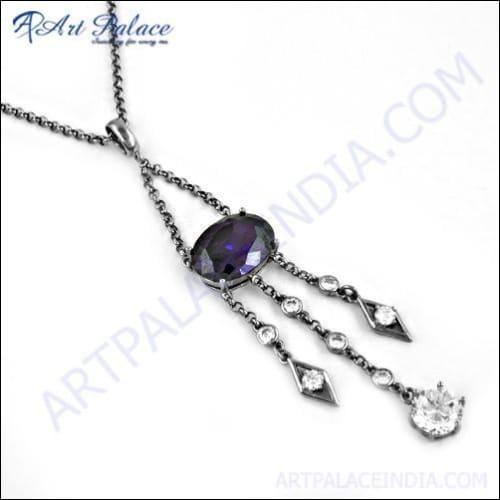 Stunning Traditional Amethyst Cubic Zirconia Silver Necklace featuring intricate design and sparkling gemstones, perfect for elegant occasions.
