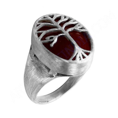 Stunning Tree of Life Silver Ring featuring a vibrant Red Onyx gemstone, crafted from 925 sterling silver.