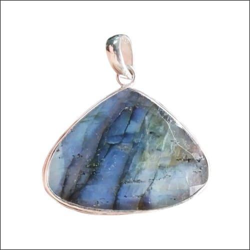 A stunning triangle-shaped pendant featuring a labradorite gemstone set in 925 silver, showcasing its iridescent colors.