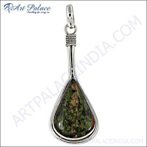 A stunning silver pendant featuring a unique unakite gemstone, showcasing its vibrant green and pink hues, elegantly crafted for handmade jewelry lovers.