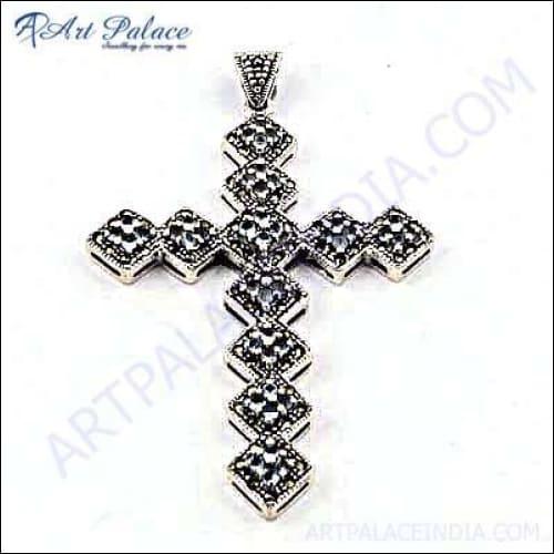 A stunning silver cross pendant adorned with sparkling cubic zirconia stones, showcasing elegance and modern design.