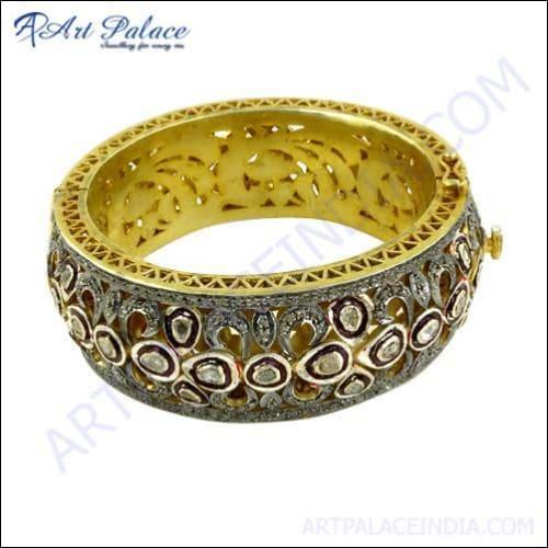 A stunning Victorian gold plated diamond bangle for women, showcasing intricate designs and sparkling diamond accents.