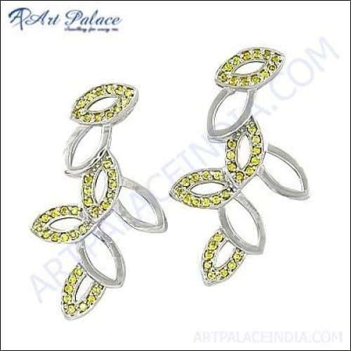 A pair of stunning yellow cubic zirconia gemstone silver earrings, showcasing their elegant design and sparkling gemstones.