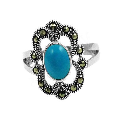 Stylish 925 silver ring featuring synthetic turquoise and pyrite stone, showcasing intricate design and vibrant colors.