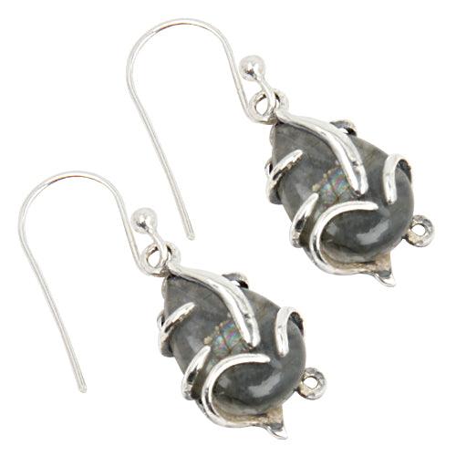 Stylish 925 sterling silver earrings featuring grey moonstone in a pear shape, elegantly handcrafted.