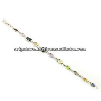 Stylish 925 sterling silver multi-stone gemstone bracelet featuring colorful gemstones, handcrafted by Art Palace, Jaipur.