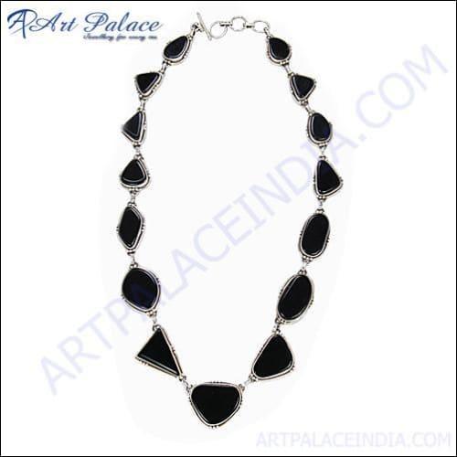 Stylish Black Onyx Multistone Silver Necklace featuring high-quality black onyx gemstones arranged elegantly on a sleek silver chain.
