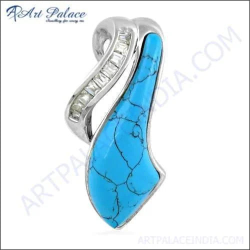 Stylish CZ Synthetic Turquoise Gemstone Silver Pendant featuring a vibrant turquoise stone and sparkling CZ accents, set in a polished silver frame.