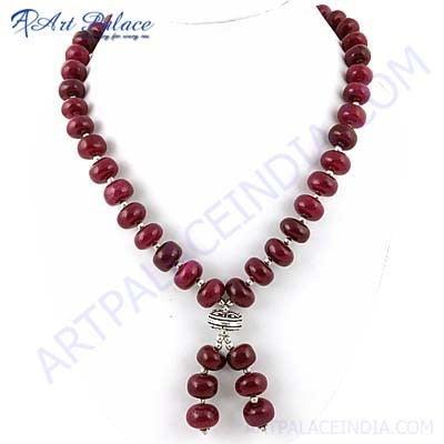 Stylish Dyed Ruby Gemstone German Silver Necklace featuring vibrant ruby stones and intricate silver design, perfect for elegant occasions.