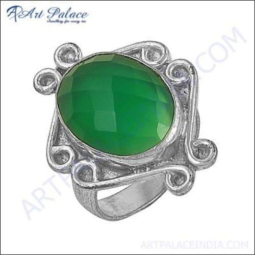 Stylish green onyx gemstone ring set in elegant German silver, showcasing intricate design and craftsmanship.