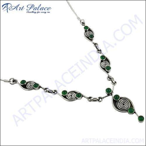 Stylish Green Onyx Gemstone Silver Necklace featuring a vibrant green onyx centerpiece and a shining silver chain, perfect for elegant occasions.