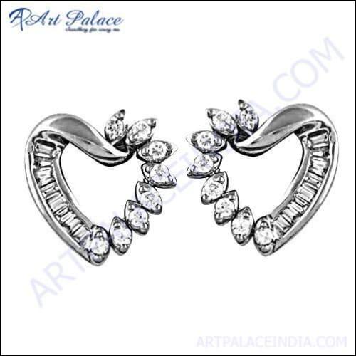 Stylish Heart Silver Stud Earrings featuring sparkling cubic zirconia, elegantly designed for a sophisticated look.