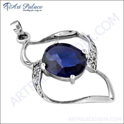 Stylish silver pendant featuring iolite and cubic zirconia gemstones, showcasing a modern design with a shimmering finish.