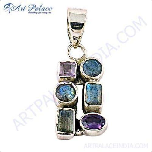 Stylish Labradorite and Amethyst Gemstone Silver Pendant showcasing iridescent stones and elegant silver design.