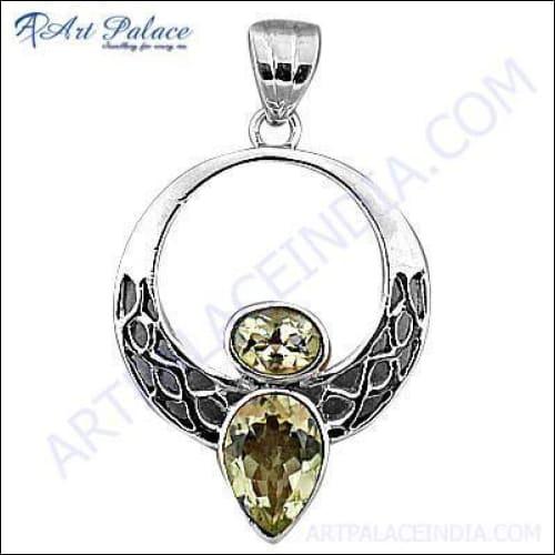 Stylish lemon quartz gemstone fretwork silver pendant showcasing intricate design and elegant craftsmanship.