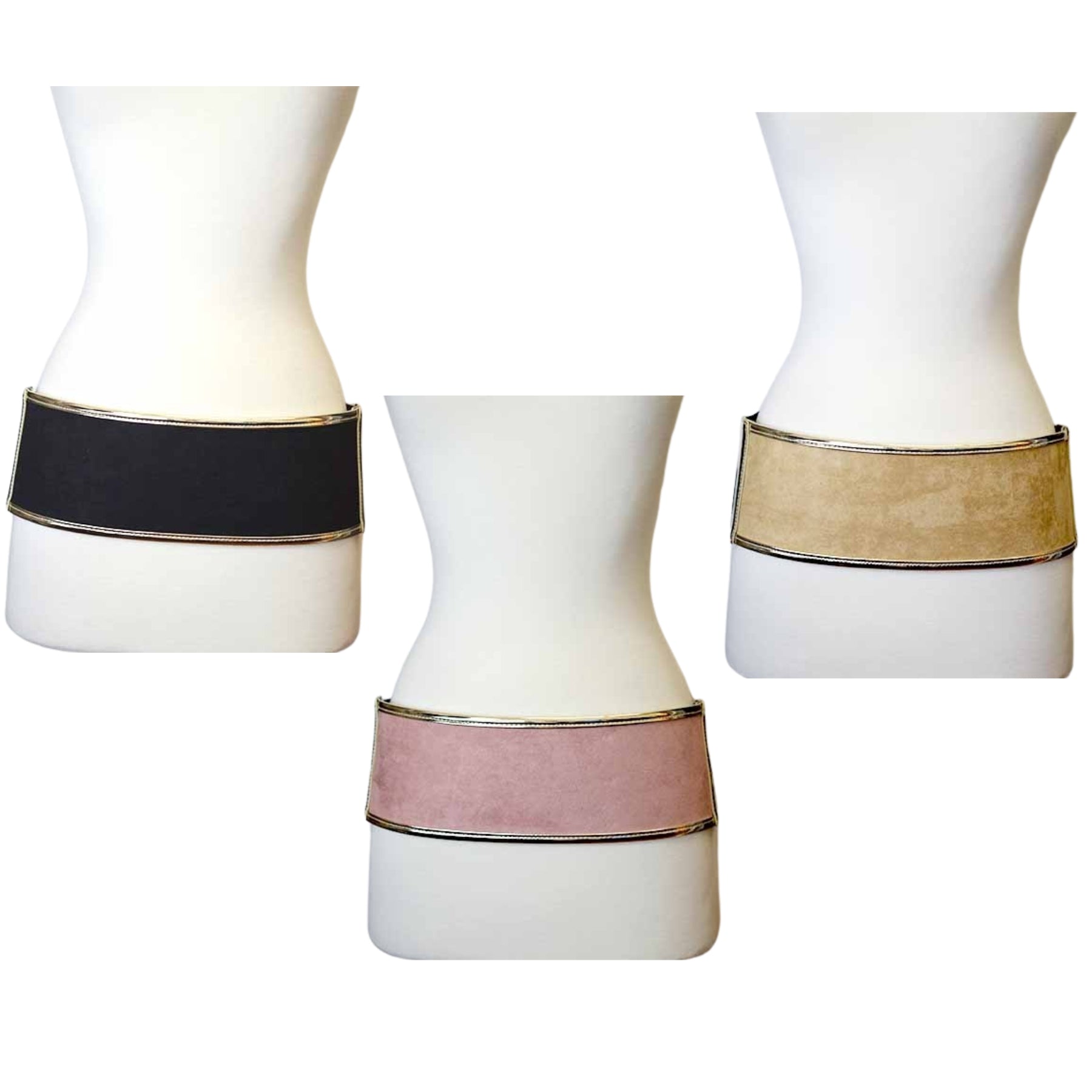 Stylish Metallic Suede Accent Elastic Corset Belt featuring a sleek design with a button closure and elastic band for a comfortable fit.