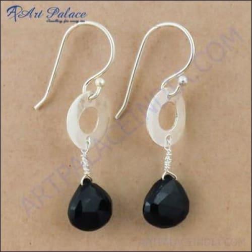Stylish Nightlife Black Onyx Gemstone Silver Beaded Earrings featuring elegant black onyx stones and intricate silver bead detailing.