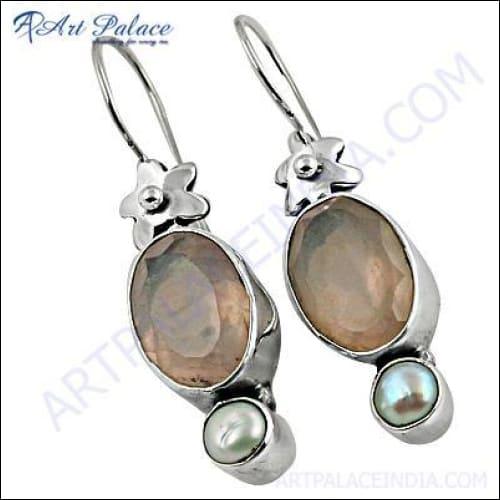 Stylish Pearl Rose Quartz Silver Earrings featuring elegant design with shimmering pearls and rose quartz gemstones, perfect for any occasion.